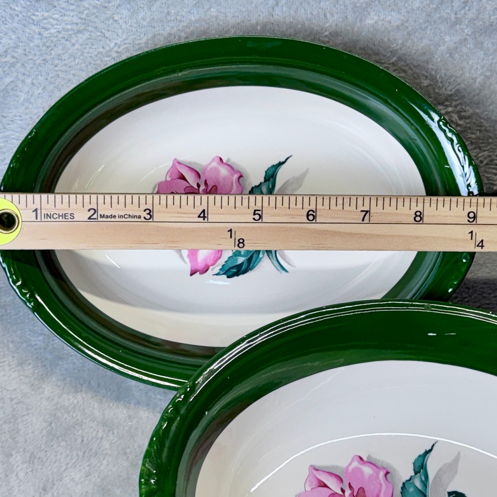 Vintage Nautilus Rose Oval Bowls Grannycore Set of 2 Green Rim Floral Made USA - Picture 11 of 12